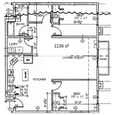 Floor plan for 2 beds, 0.1 baths, 1136 sqft